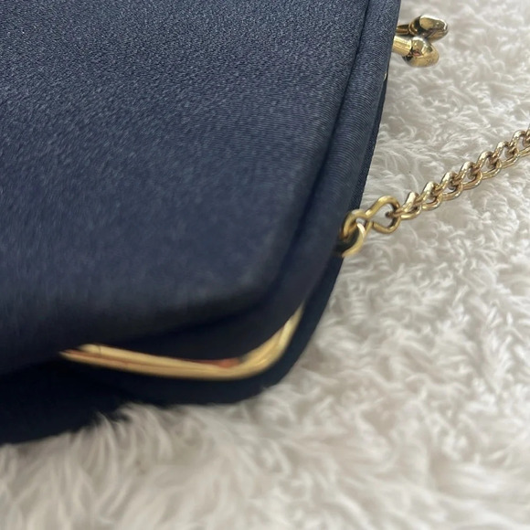 Vintage HL Harry Levine Navy evening bag Gold Chain Strap Peach interior - Picture 11 of 13